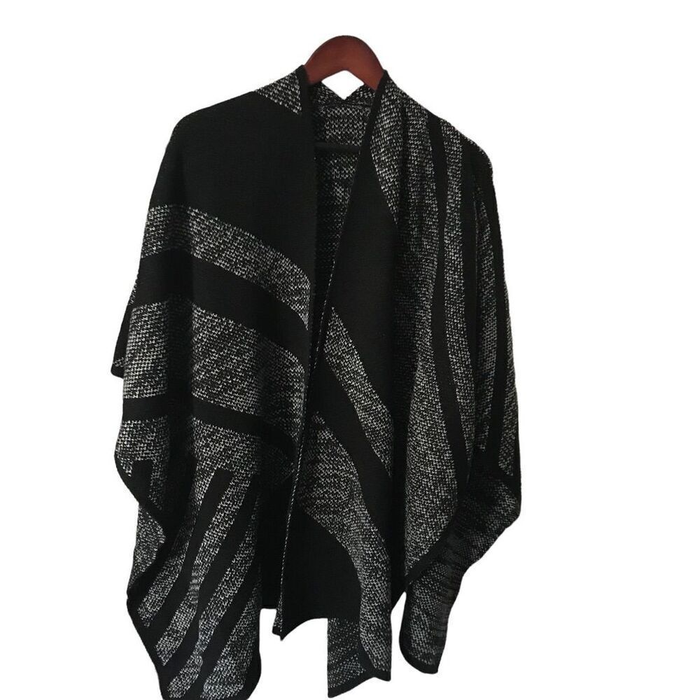 Open Front Knit Black Grey Gray Poncho Cardigan Sweater One Size Boho Western